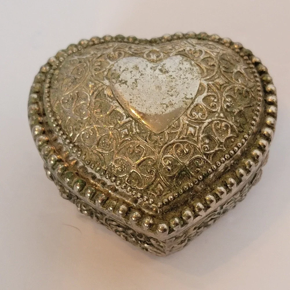 Vintage Heart Trinket Box, Silver Plate Blue Velvet Interior- Lots Of Patina